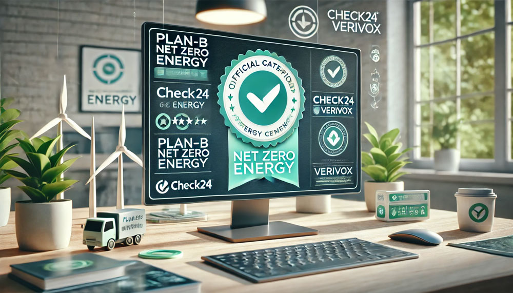 Jetzt offiziell Ökostrom-zertifiziert: Check24 und Verivox listen PLAN-B NET ZERO ENERGY in höchster Kategorie